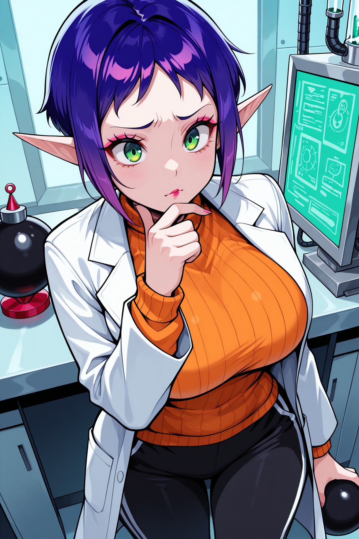 masterpiece, best quality, 1girl, solo <lora:bombchulady-illu-nvwls-v1-000005:1> bclady, pointy ears, purple hair, short hair, pink lipstick, large breasts, green eyes, labcoat, orange sweater, black track pants, holding bomb, , hand on own chin, furrowed brow, laboratory, hand up