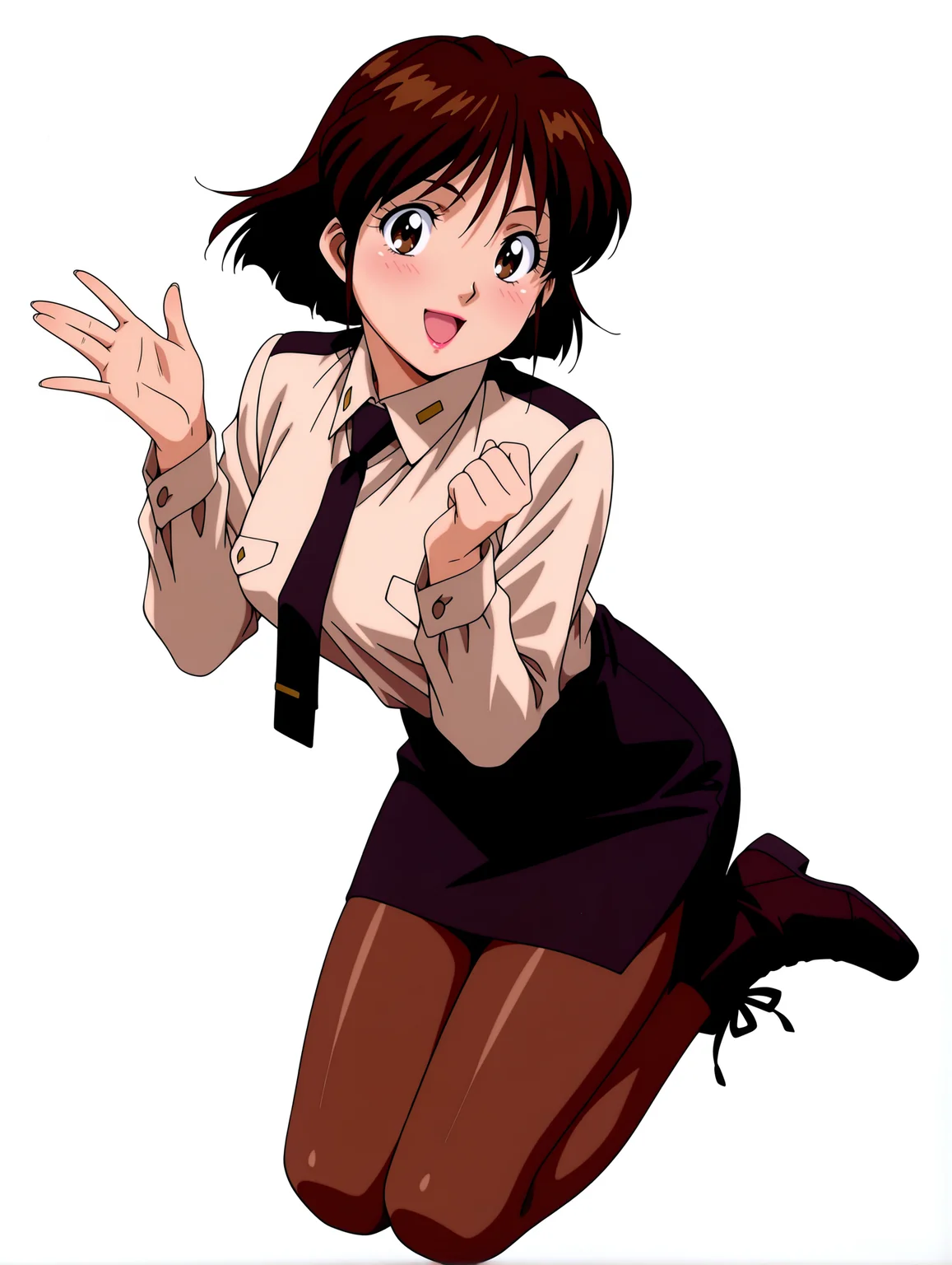 masterpiece,best quality,amazing quality,
1girl,solo,
<lora:Yuriko_Star_ilxl_v1.0:1>,Y_S,brown hair,short hair,brown eyes,lipstick,
y_clothes,shirt,black tie,black pencil skirt,brown pantyhose,boots,
<lora:Fixhands_anime_bdsqlsz_V1:1>,looking_at_viewer,simple_background,white_background,light_blush,open mouth,smile,seiza,anime screencap,jumping,