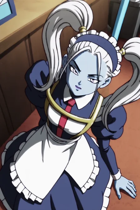 source_anime, score_9, score_8_up, score_7_up, anime screencap,8k, absurd res,
marcarita, long hair, twintails, purple eyes, white hair, colored skin, blue skin, 
maid headdress, ((maid)), from above, thighhighs,kneeling, looking at viewer, indoors, 
 <lora:marcarita_pony_v1:0.8>
