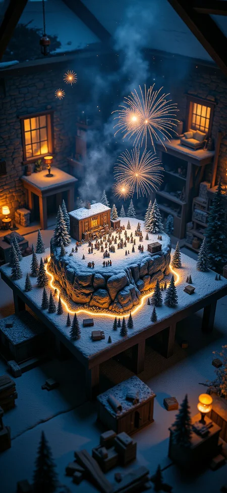 (indoor,very wide isometric view,tilt-shift lens:1.6), (windowless,fna_style,miniature,miniature,diorama,miniature,diorama,PVC,plastic:2),starry night snow,forest,led with fiber lights,fireworks,concert with crowded at (floating island,levitating island:1.5) on (table:2) at (attic:2.5) <lora:Diorama_Flux:1>
<lora:Fantasy_Novel_Art_Style:1>