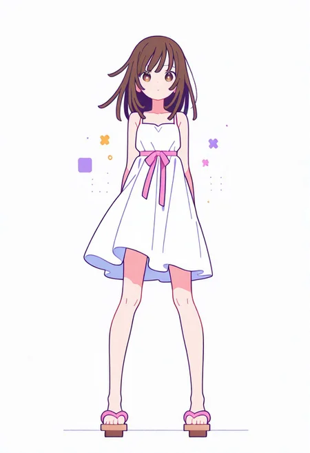 Flatline, Flat vector illustration, looking at viewer, full_body,
nadeko, long hair, long bangs, brown hair, white dress, sundress, ribbon, bare shoulders,
slim, slender, knees, long legs, beautiful legs, barefoot, geta wooden sandals,
from front, front view, straight-on, look at viewer, standing, (legs apart:1.4),
white background,