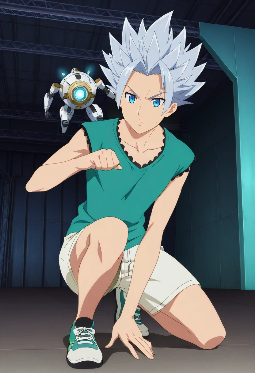 masterpiece, best quality, , anime screencap, anime coloring, official style,, 1boy, solo, male focus, <lora:arden_nnt_ilxl:0.9>, arden_nnt, grey hair, blue eyes, short hair, spiked hair, , mecha hangar, glowing robots, polished panels, clanking gears, inspecting pose, determined expression, metallic shine, Linen-cotton shorts, Felt Lace Henley shirt, Athletic shoes, , and