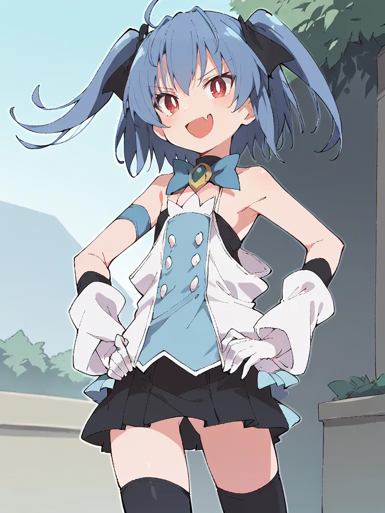 <lora:sumirehiyamafrostiapony:1>
score_9, score_8_up, score_7_up, 1girl, solo, sumirefrostia, mahoutouki, short hair, two side up, blue hair, red eyes, white pupils, open mouth, smile, fang, standing, outdoors, hands on hips, cowboy shot