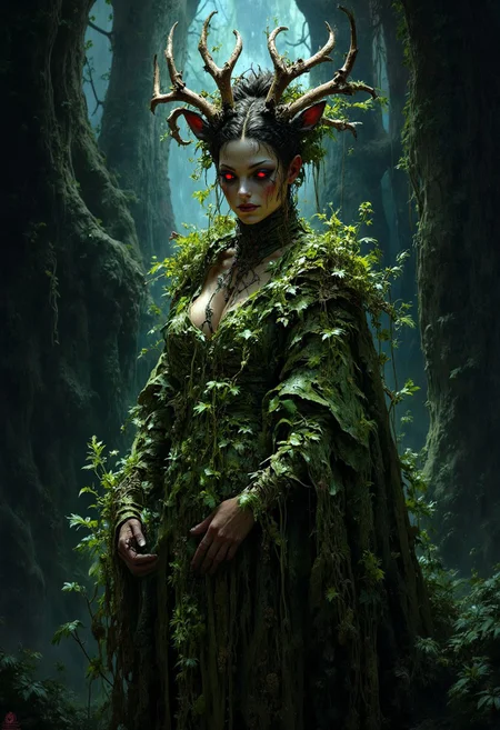 An evocative dark fantasy illustration by Anato Finnstark and Greg Rutkowski. The central figure is a once-elegant forest nymph, now corrupted by sinister forces. She has deer-like attributes, a pale complexion, glowing red eyes, and jagged antlers. Her once-lush attire is now tattered and overgrown with the very greenery that she once represented. The background is dark and foreboding, reflecting the nymph's lost beauty and anger. The overall atmosphere is cinematic and conceptual, immersing the viewer in a world of dark fantasy., cinematic, conceptual art, dark fantasy