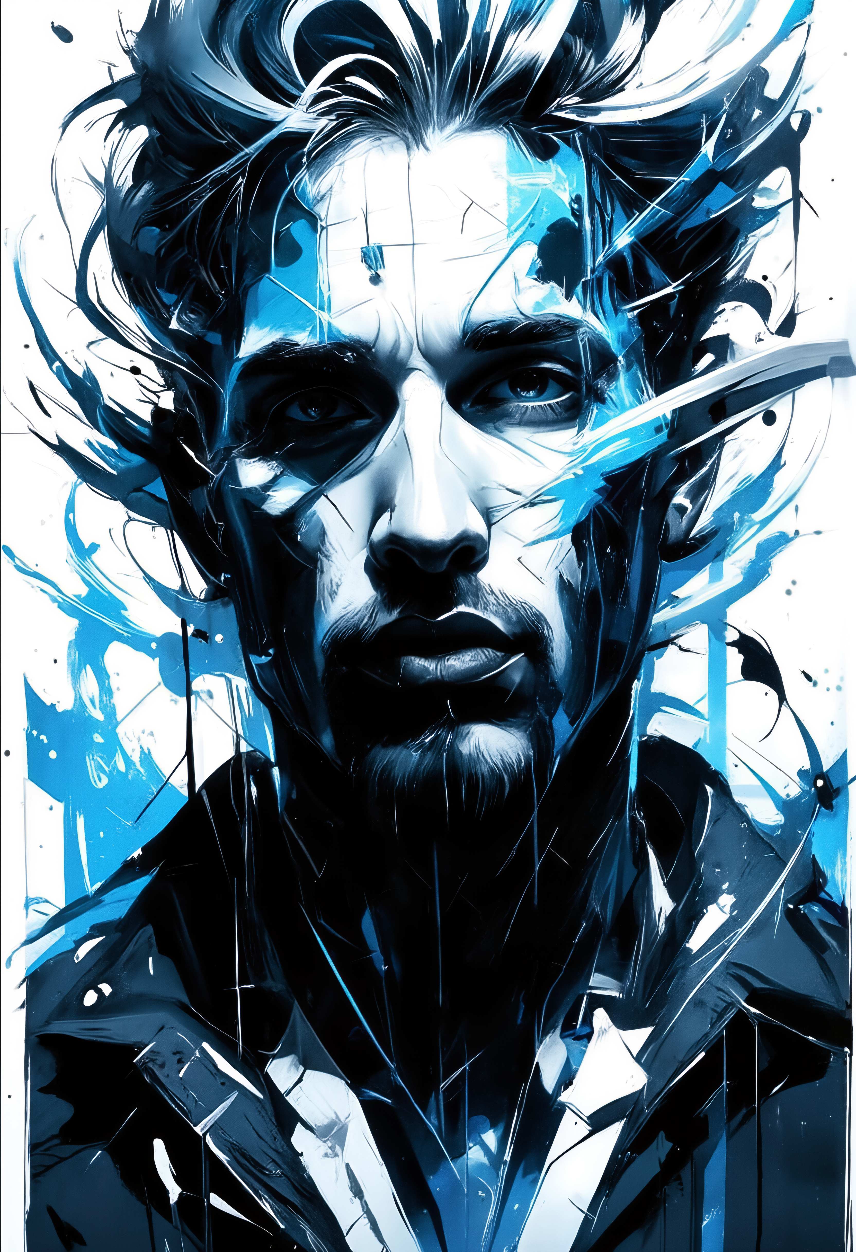 Silhouette style with abstract frame around image, face of a man dissolving into cosmic dust, style of Guy Denning, blue, white, black, swirling elements, sharp, extremely detailed, oil stains, unknown, mysterious, surreal, High contrast, minimalistic, black and white, stark, dramatic,