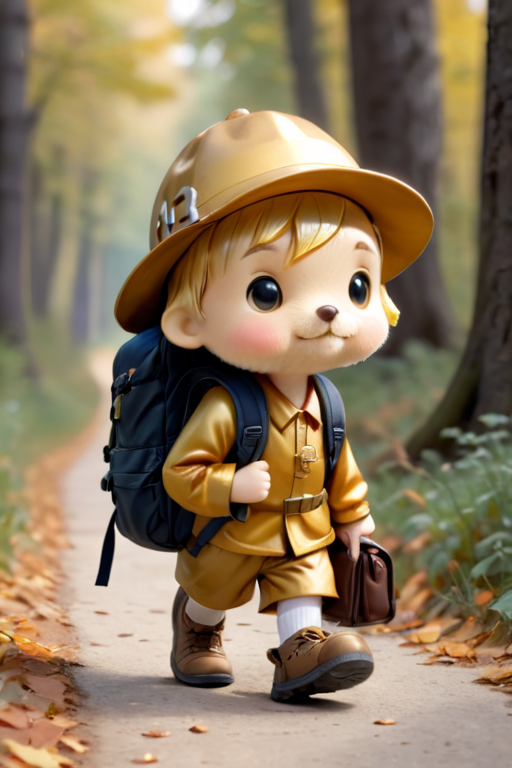 a cute little
front view small golden pilgrim with backpack walking with a walking number 13 in the  cap
