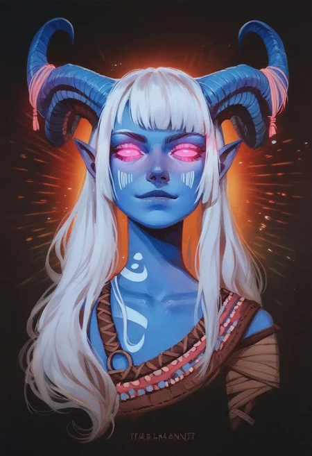 score_9, score_8_up, score_7_up, score_6_up, VitWaterStyle, 1girl, portrait, beautiful, tiefling shaman, white hair, (long hair:1.3), side bangs, horns, barbarian, gladiator, war paint, tribal markings, long tail, blue skin, pink eyes, glowing eyes, (smug:0.85), dramatic lights, detailed, sharp lines, dynamic, detailed drawing