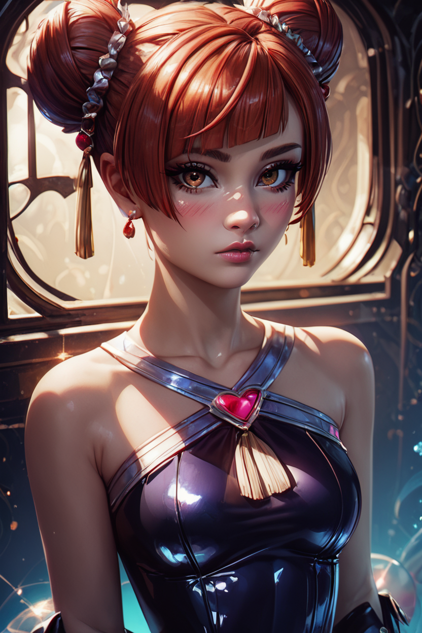 score_9, score_8_up, score_8, medium breasts, (curvy), cute, eyelashes,       BREAK, ,  zzLaufen, hair bun, double bun, red hair, short hair, brown hair, brown eyes, hair ornament, bare shoulders, black dress, collarbone,  <lora:LaufenFrieren_PDXL_v1:0.8>,  , BREAK,  (ultra realistic,32k, masterpiece:1.2),(high detailed skin:1.1),( high quality:1.1), curvy, head tilt, hearts, blush, lips, closed mouth, curvy, head tilt, shiny clothes, (upper body), looking at viewer, bokeh, luminescent background, ,,, embedding:zPDXL, Expressiveh, ,,, <lora:RlAnmPDXL:1.0>,