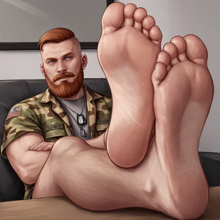 score_9, score_8_up, score_7_up, 1boy, male focus, mature male, blue eyes, short hair, undercut, facial hair, beard, mustache, full body, camouflage_jacket, shirt, dog tags, necklace, feet, barefoot, feet focus,
sitting, feet_on_table, arms_crossed,
indoors, living_room <lora:Jacob_Seed_2:1>