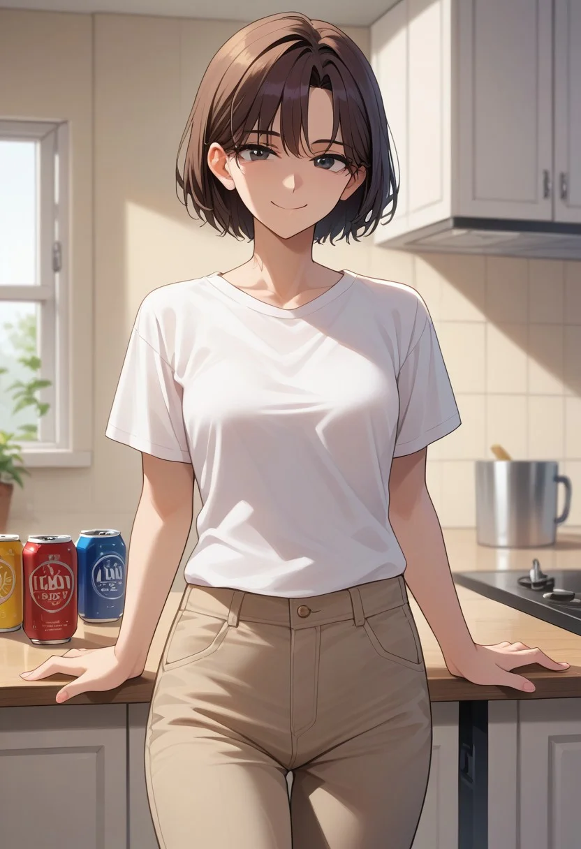 score_9,score_8_up,score_7_up, solo,1girl, (masterpiece, detailed:1.2), manhwa
A cool woman, beautiful, Right side parting hairstyle, hair behind the right ear, no bangs, short hair, dark brown hair, brown eyes, small breasts, tall, ultra-skinny, The most beautiful, Mature women, 19yo,
White T-shirt, khaki pants,
In the kitchen, I open the fridge and take out a can of beer, looking at you and smiling.
