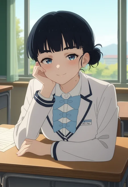 score_9, score_8_up, score_7_up, anime screencap, source_anime, 1girl, solo,
<lora:Tiara_Basori_Makeine_V1:.85>,  KJOtiara, black hair, blue eyes, single hair bun, blunt bangs, mole on neck,
school uniform, long sleeves, white jacket, bowties,
head rest, smile, blush, sitting at desk, looking at viewer, 
classroom, sunset, indoors, window,
(Beautiful, medium Breasts:1.2),