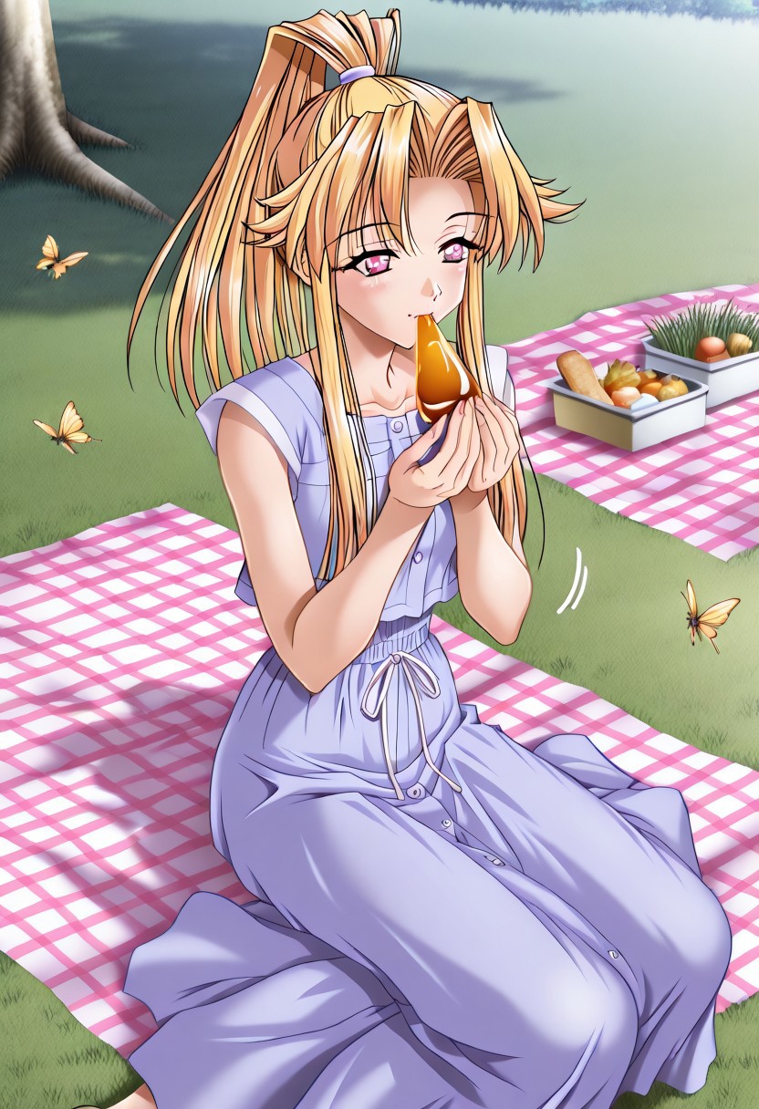 masterpiece, best quality, newest, highres, uncensored, 1girl, yokota mamoru style,1girl, slender face，motion lines, ,Kitagawa Junko,Honey Blonde Hair, Ponytail, Waist Length Hair,Amber Eyes,slim,solo,1girl
Picnic, outdoors, eating together, mountains, butterflies, trees, grass, distant views