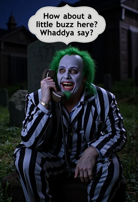 [ cinematic horror-comedy film poster, ] (a photograph of , ((Beetlejuice is seen) (he has white facepaint), (thick black circles around his eyes), ( frizzy green hair sticking in all directions), ( sparse but scruffy beard and moustache), (suit with black and white verticle stripes), (he is rotting), (and he has a crooked open mouth smile with dirty teeth exposed), (He is holding his hand beside his face in the telephone position/ with his thumb near his ear and littlefinger beside his mouth)),
<<BREAK>> ,
((Beetlejuice is sitting on an old headstone in a cemetery at night), 
<<BREAK>>
((A speechbubble is seen above Beetlejuice and the text "How about a little buzz here? Whaddya say?" is easily seen in legible marquee font, only the words "How about a little buzz here? Whaddya say?" are seen printed in the speechbubble))
[Photograph taken with Nikon D850, using NIKKOR 24mm f/1.8 lens, ISO 3200, Shutter Speed: 1/40s, Aperture: f/3.5, Shot at very low angle, halloween color palette contrasted with font of the marquee font script "How about a little buzz here? Whaddya say?" seen in the speechbubble]