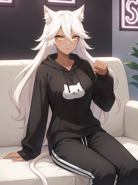 score_9, score_8, score_7_up, source_anime,
granart needakitta, animal ears, white hair, long hair,dark-skinned female, white cat tail, yellow eyes,1girl, solo, animal ears
medium breasts,
sitting on the sofa, watching tv, candles, neon lights, snacks, pullover, sweatpants, paw pose
<lora:StS_PonyXL_Detail_Slider_v1.4_iteration_3:0.2> <lora:Expressive_H:0.1> <lora:housechores-guy-PONYv1:0.4> <lora:granart needakitta 0.1:0.65>
