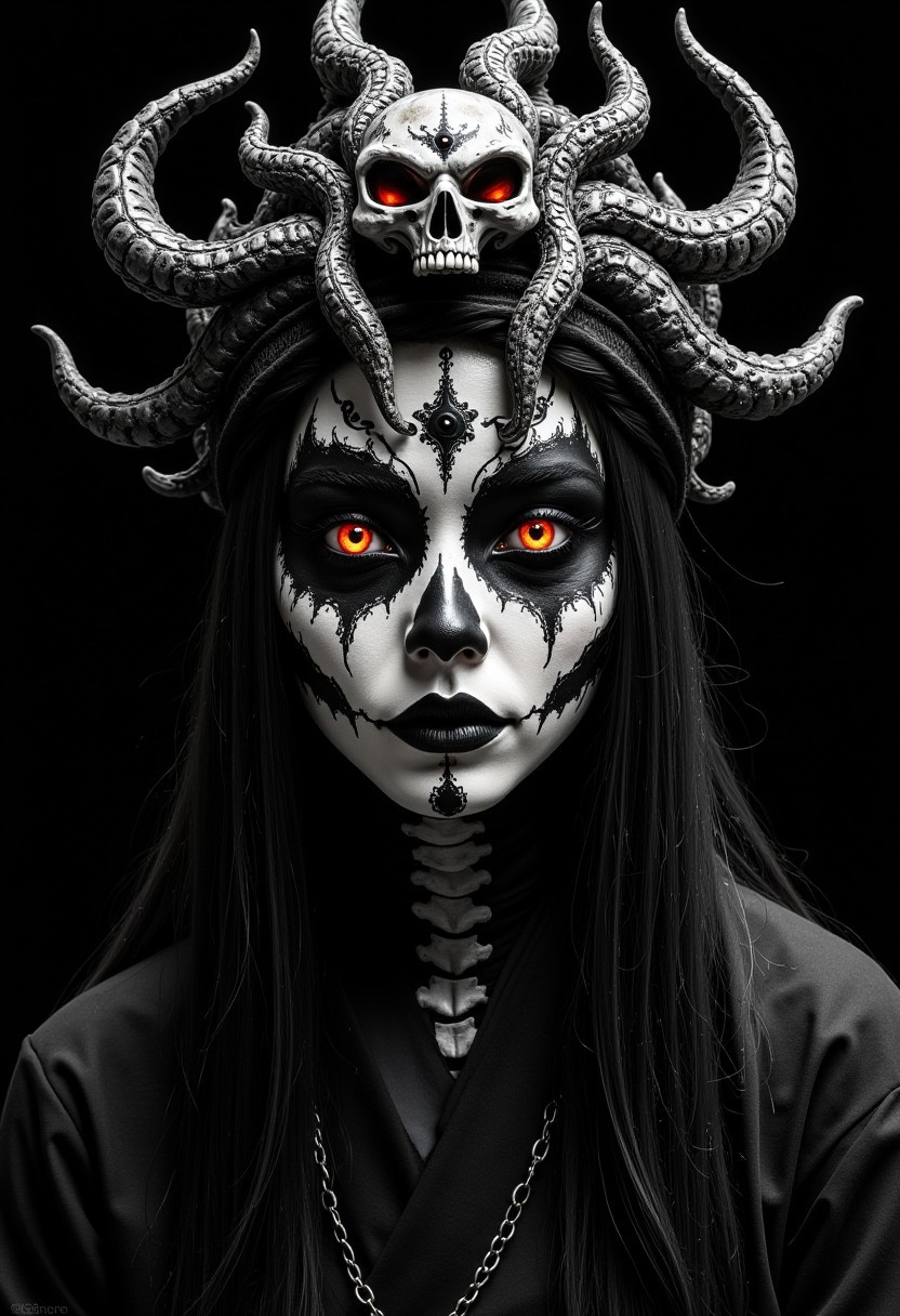 masterpiece, monochrome ink and crayon art with spot colour, portrait of beautiful oriental female shaman, long black hair with skull-themed helmet, black and white face paint in a skull fashion, burning bright eyes, chiascuro, looming out of a black background, high contrast, erotic, sexy, HD32K, wallpaper, hyperdetailed, concept art
