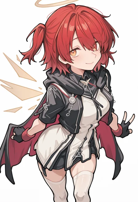 Exusiai the New Covenant, open jacket, one side up, 1girl, solo, white background, simple background, looking at viewer, smile, v, closed mouth, cloak,Chibi,cloak,white legwear, ,masterpiece,best quality,newest,absurdres,highres,very awa, <lora:None:1.0> <lora:Exusiai_the_New_Covenant_r1:1.0000000000000002> <lora:Eipelppa_Style:1.0>