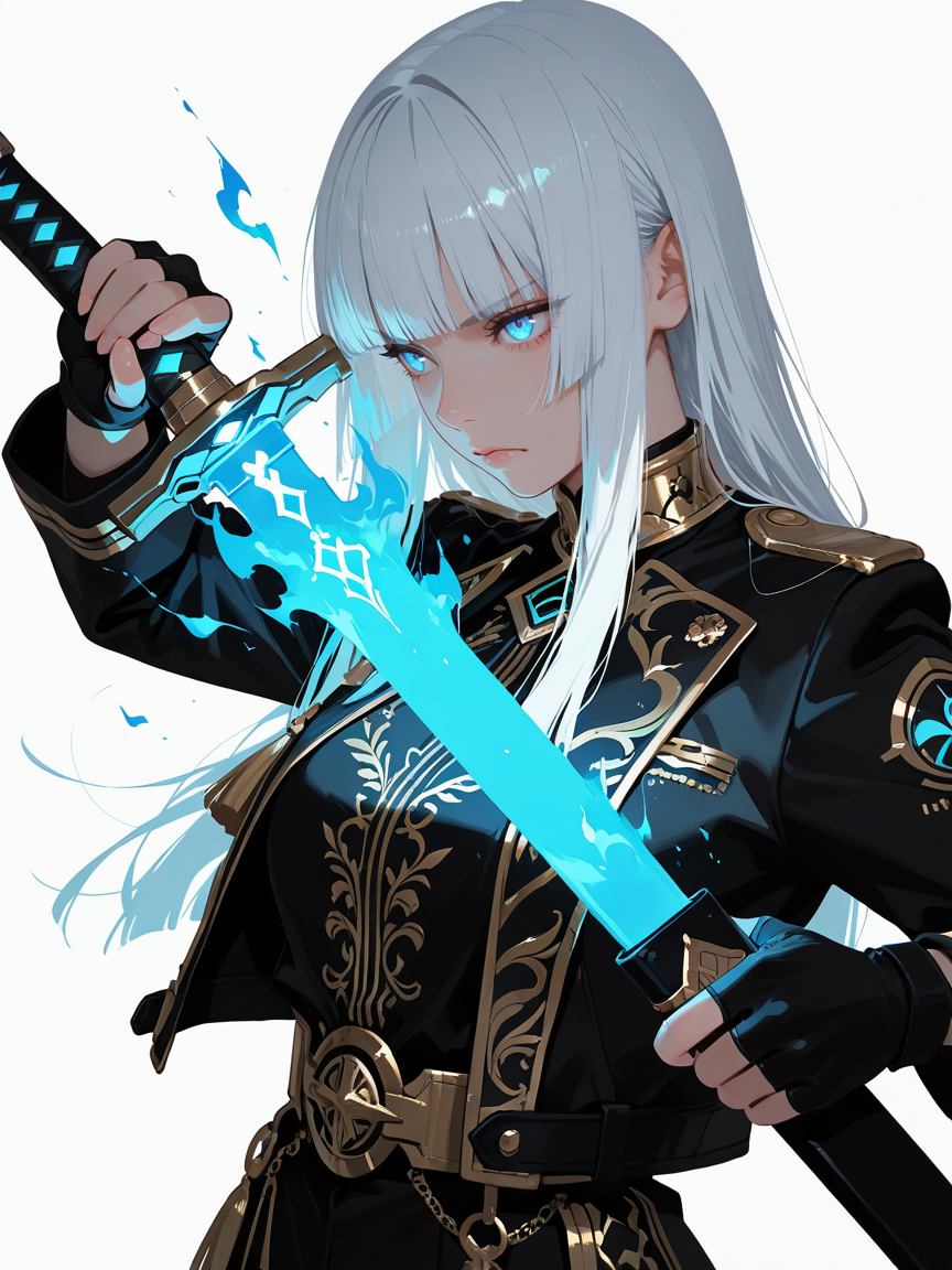 masterpiece, best_quality, amazing quality, newest, add detail+,
semi-real, 2.8d.
1girl, serious expression, frown.
white hair, blunt bangs, hime cut.
wearing gold embroidered clothes, fingerless gloves, jacket.
holding, holding sword, holding 1weapon, sheath,  glowing, blue flaming sword, sword in front of face, (unsheathing), tassel, guardian, assemble pose,
fire, blue flame.
simple white background, glowing blue sparks,
black and gold theme.
(shoot from side), no lineart,
dynamic composition, dynamic angle.
<lora:Add-cfg_scale_boost:0.>
<lora:add-detail-xl:0.>
detailxl 
<lora:Sinozick_Style_XL_Pony:0.6> sinozick style, flat color, dark theme