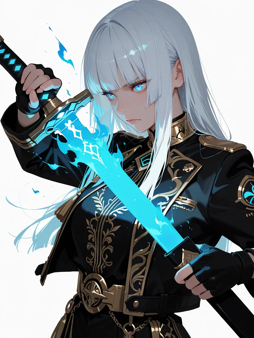 masterpiece, best_quality, amazing quality, newest, add detail+,
semi-real, 2.8d.
1girl, serious expression, frown.
white hair, blunt bangs, hime cut.
wearing gold embroidered clothes, fingerless gloves, jacket.
holding, holding sword, holding 1weapon, sheath,  glowing, blue flaming sword, sword in front of face, (unsheathing), tassel, guardian, assemble pose,
fire, blue flame.
simple white background, glowing blue sparks,
black and gold theme.
(shoot from side), no lineart,
dynamic composition, dynamic angle.
<lora:Add-cfg_scale_boost:0.>
<lora:add-detail-xl:0.>
detailxl 
<lora:Sinozick_Style_XL_Pony:0.6> sinozick style, flat color, dark theme