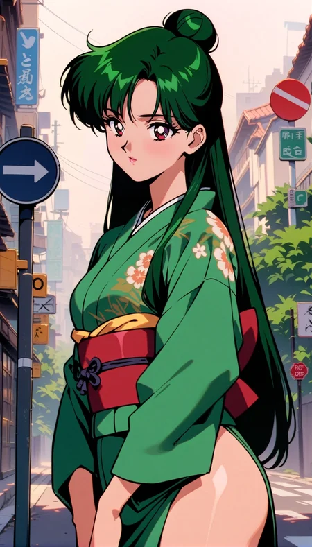 masterpiece,best quality,very aesthetic,ultra detailed,intricate details,<lora:Sailor Pluto XL:0.9>,1girl,solo,1990s \(style\),carmine eyes,hair bun,single hair bun,long hair,dark green hair,kimono,cowboy shot,road sign,