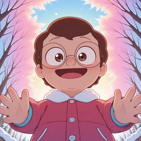 toon \(style\), break ((masterpiece, colorful, detailed background, absurdres, amazing quality, best quality)), <lora:mrfrond-v5:0.75> bb-mfbb, 1boy, baby, toddler, toddlercon, glasses, solo, winter, winter clothes, reaching_towards_viewer, from below, happy,