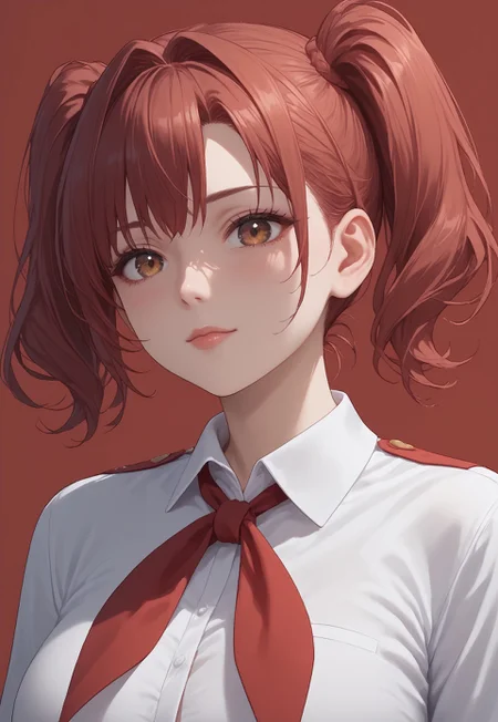 safe_pos, score_9, score_8_up, score_7_up, <laura:expressive_n: 1>, expressive_n, detailed eyes, beautiful, detailed background, perfect eyes,, expressive, 1 girl, visual novel character, sexy 20 year old girl, solo, <lоra: ikarus-chan_close:0.70>, short hair, red hair, two ponytails, shoulder-length ponytails, brown eyes, big breasts, 1 girl, side, hair band, side view, red background, solo, upper body, white collared shirt, simple, red neckerchief,