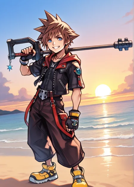 tetsuyaxd,
masterpiece, best quality, amazing quality, very aesthetic, absurdres, newest, detailed background, upper body, outdoors, sunset, beach, sky, dynamic angle,
1boy, male focus, gloves, brown hair, blue eyes, fingerless gloves, jewelry, solo, spiked hair, smile, necklace, full body, shoes, zipper, hood, weapon, holding, looking at viewer, over shoulder, grin, yellow footwear,
<lora:Tetsuya_Nomura_Style:1>