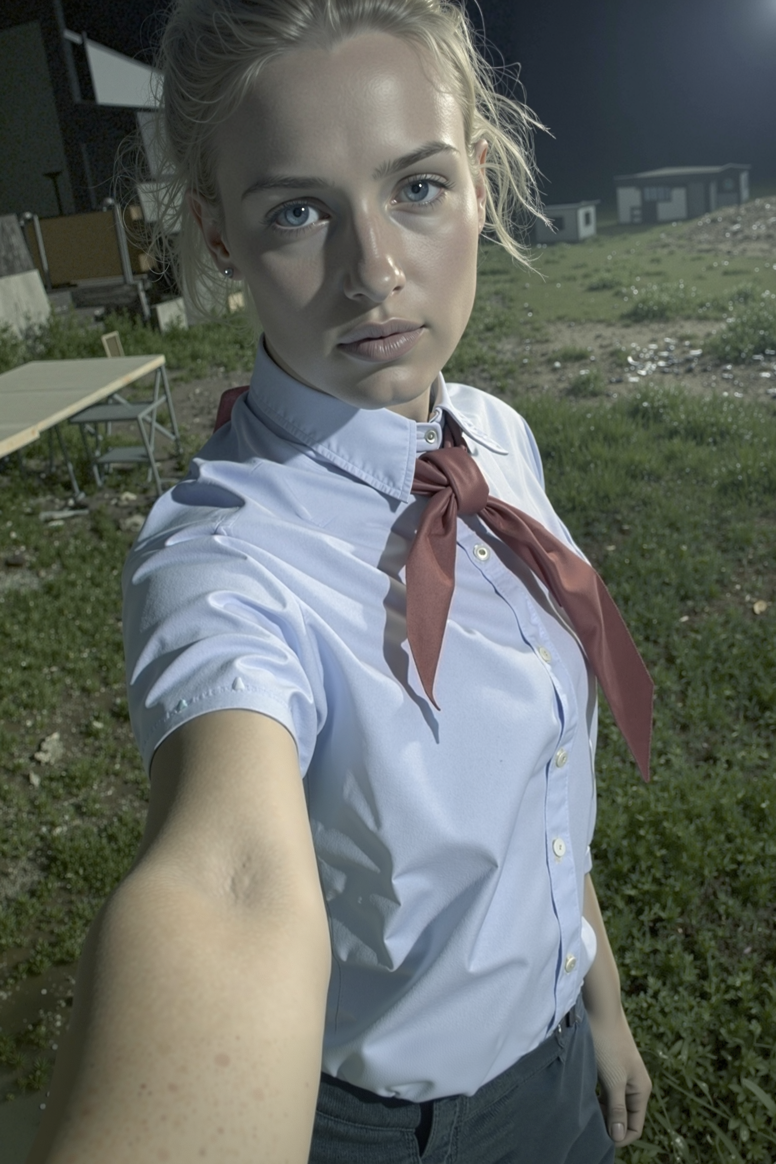 (masterpiece, best quality, high-res, 4k textures, ultra detailed:1.25),  
Low-angle amateurish full-body selfie of a young girl, 18yo, cute, Russian, blue eyes, messy blonde hairstyle, natural complexion, soft-pale ageless skin, school uniform - pionyr's deep light blue shirt with red neckerchief and short navy-blue skirt,
abandoned soviet pioneer camp at night, 
low lighting, underexposed, eerie atmosphere, smeared