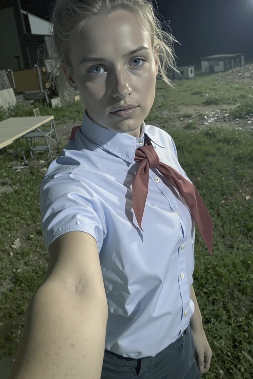 (masterpiece, best quality, high-res, 4k textures, ultra detailed:1.25),
Low-angle amateurish full-body selfie of a young girl, 18yo, cute, Russian, blue eyes, messy blonde hairstyle, natural complexion, soft-pale ageless skin, school uniform - pionyr's deep light blue shirt with red neckerchief and short navy-blue skirt,
abandoned soviet pioneer camp at night,
low lighting, underexposed, eerie atmosphere, smeared