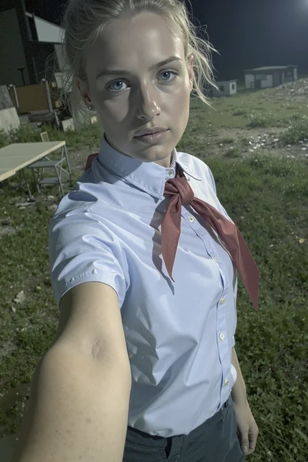 (masterpiece, best quality, high-res, 4k textures, ultra detailed:1.25),  
Low-angle amateurish full-body selfie of a young girl, 18yo, cute, Russian, blue eyes, messy blonde hairstyle, natural complexion, soft-pale ageless skin, school uniform - pionyr's deep light blue shirt with red neckerchief and short navy-blue skirt,
abandoned soviet pioneer camp at night, 
low lighting, underexposed, eerie atmosphere, smeared