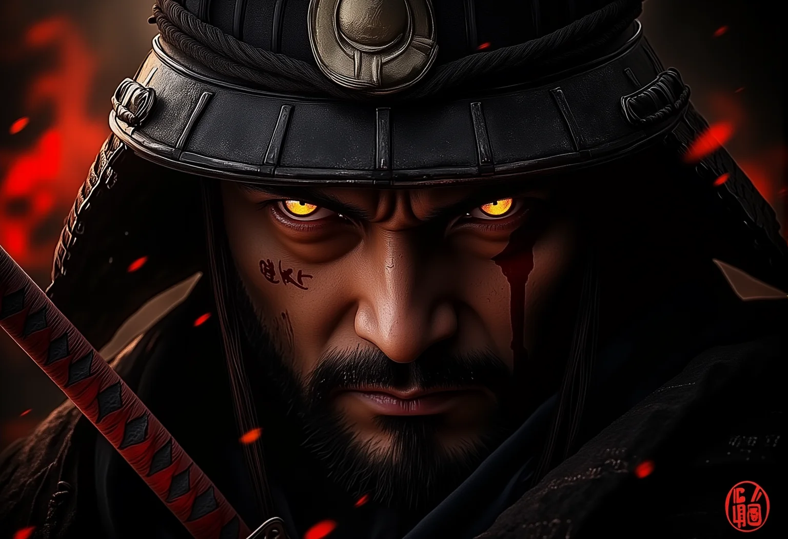 . A close-up of a male Samurai a determined look as they prepare to strike with scars from past battles and embers glowing in the background., <lora:bv-crimson-ronin-style-v1.safetensors:1.0:1.0>