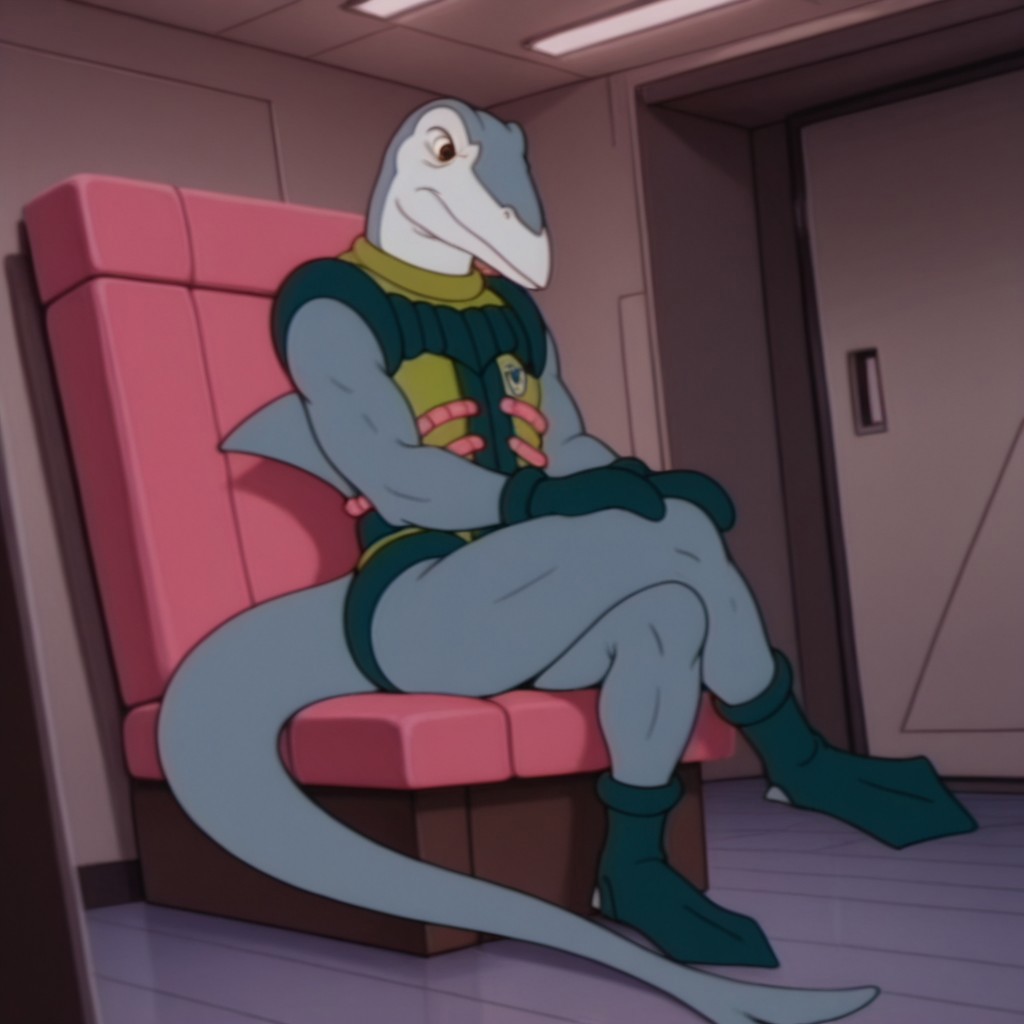 masterpiece, best quality, amazing quality, IchyDsIl, anthro, male, Ichthyosaurus, grey skin, brown eyes, green bodysuit, dark green trim, pink hoses, dark green gloves, dark green boots,  inside, tail, solo, full body, sitting, crossed leg,