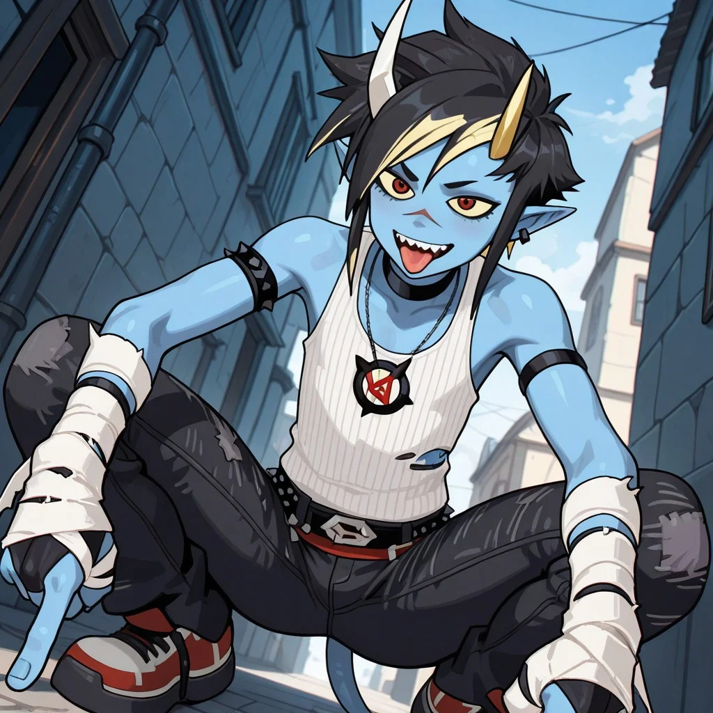 masterpiece, best quality, amazing quality, alterr3mifort, male, solo, humanoid, blue skin, black hair, short hair, spiked hair, yellow highlights, yellow sclera, red eyes, scar, horns, sharp teeth, pointy ears, tail, ear piercings, black collar, tank top, necklace, armbands, arm sleeves, bandages, studded belt, black jeans, ripped jeans, red sneakers, crouching, smile, open mouth, tongue out, \m/, outdoors, alleyway, from below
