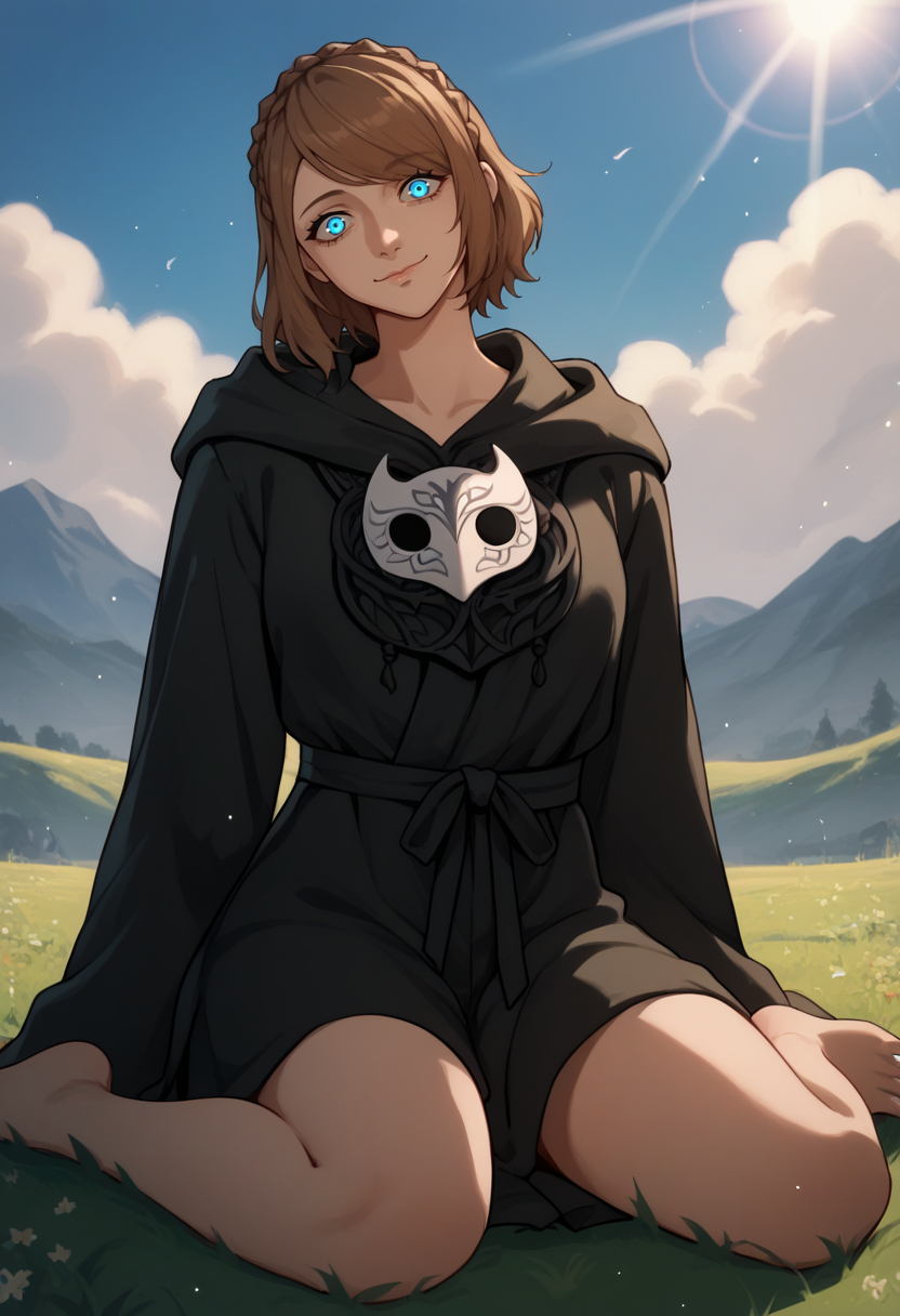 score_9, score_8_up, score_7_up, BREAK 1girl, looking at viewer, cowboy shot,
<lora:AthenaDwnsty-000006:0.8>, athenaffxiv, brown hair, crown braid, medium hair, blue eyes, black robe, hooded robe, hood down, mask around neck, crazy eyes,
closed mouth, head tilt, light smile, w sitting, wariza,   <lora:Wariza__Concept_Lora:1>, thighs, feet, 
outdoors, grass, sunlight, blue sky,