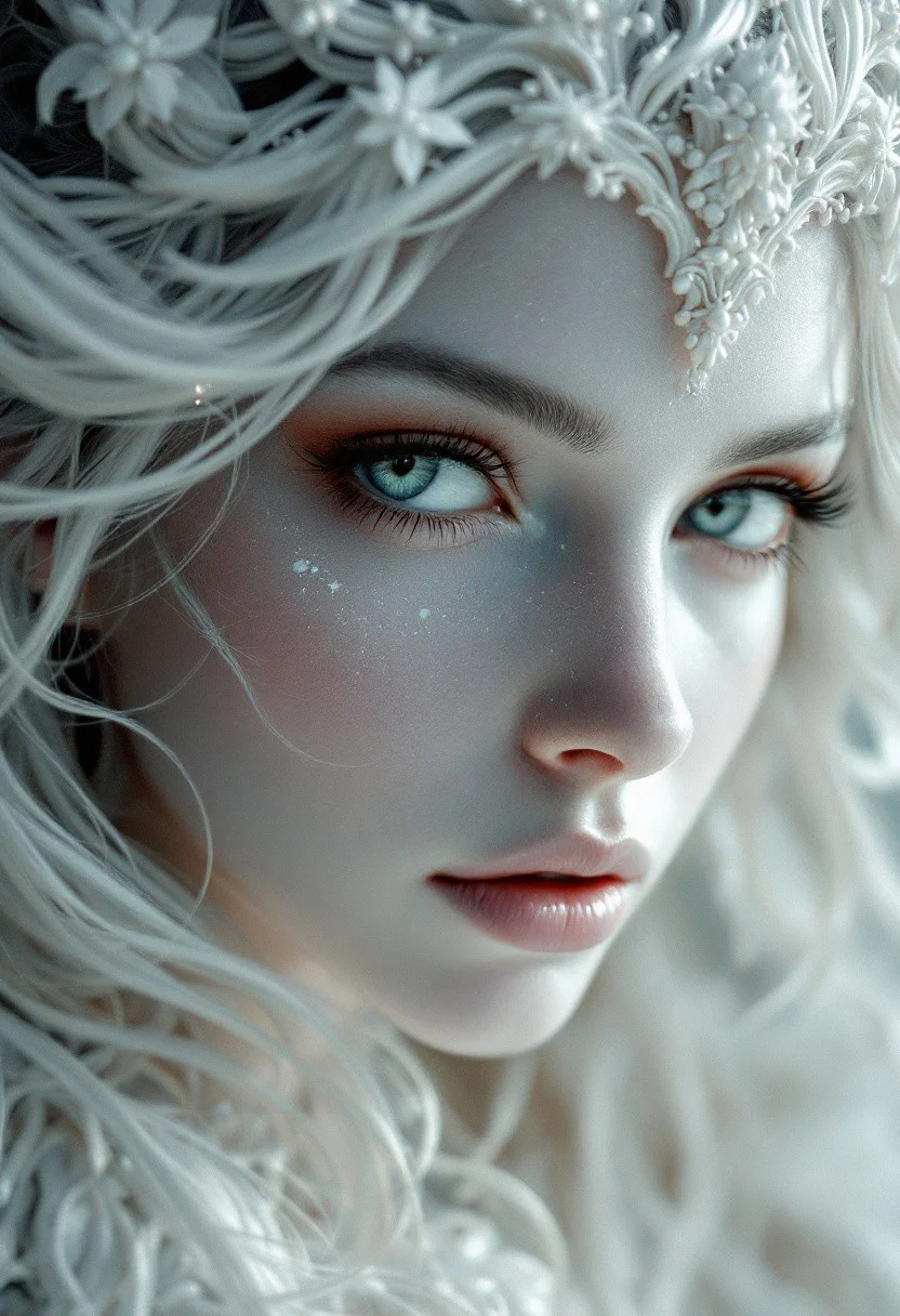 white angel, surrealism, pencils, illustration, vivid colors, filigrie, photorealistic rendering, beautiful face, moody chiaroscuro lighting, masterpiece, hyper-detailed, ultra-sharp, full-hight scene view