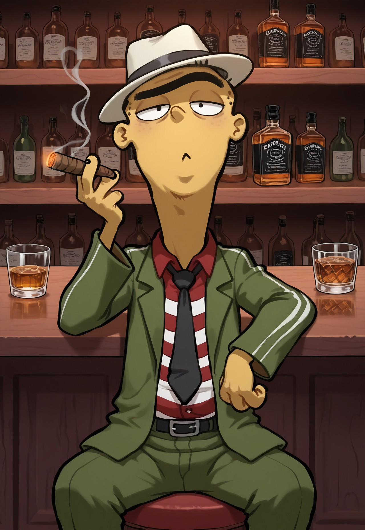 Masterpiece, highest quality, highres, 8k, newest, source_cartoon, IllusP0s, solo, edboi, mnbrow, unibrow, fedora, green three piece suit, red and white striped button up shirt, black tie, sitting, smoking cigar, glass of whiskey, bar background, detailed background,