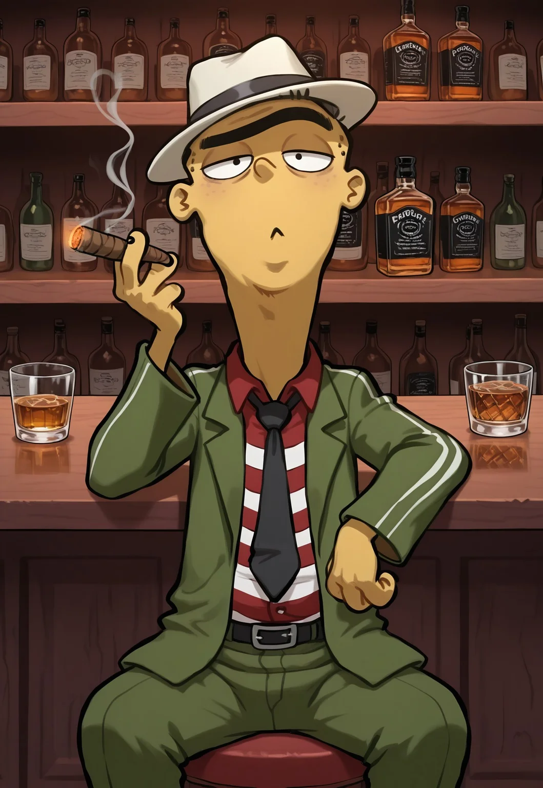 Masterpiece, highest quality, highres, 8k, newest, source_cartoon, IllusP0s, solo, edboi, mnbrow, unibrow, fedora, green three piece suit, red and white striped button up shirt, black tie, sitting, smoking cigar, glass of whiskey, bar background, detailed background,