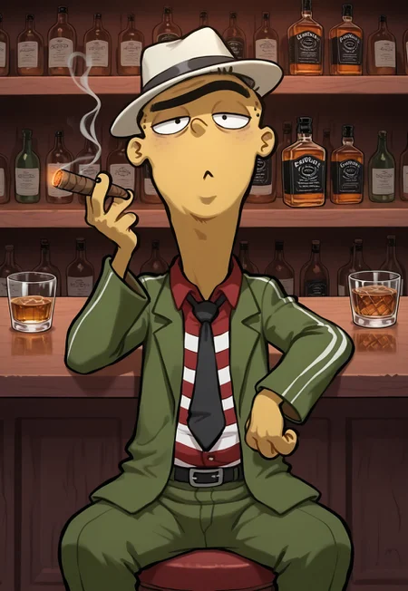 Masterpiece, highest quality, highres, 8k, newest, source_cartoon, IllusP0s, solo, edboi, mnbrow, unibrow, fedora, green three piece suit, red and white striped button up shirt, black tie, sitting, smoking cigar, glass of whiskey, bar background, detailed background,
