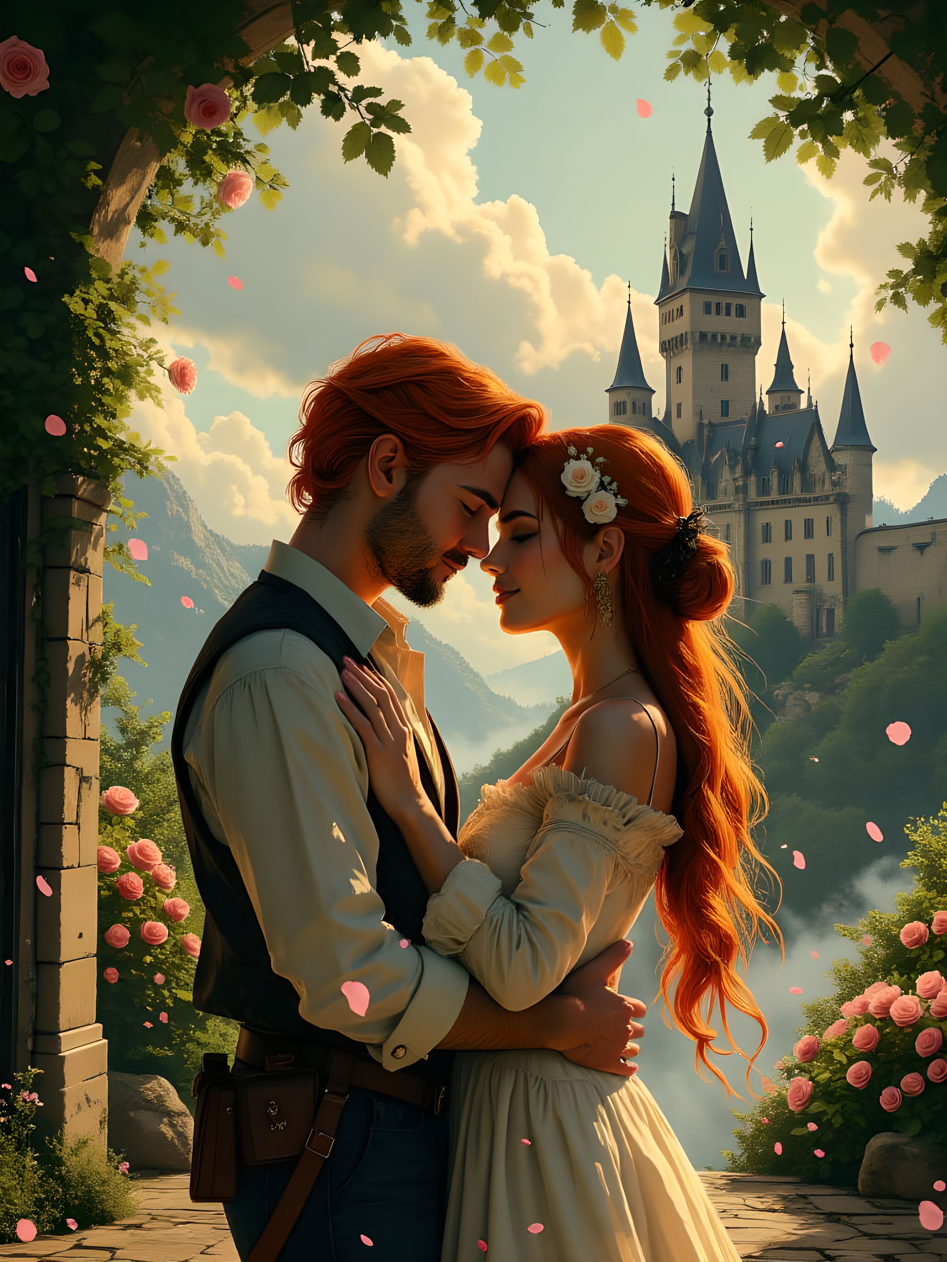A romantic outdoor scene set against the backdrop of a grand castle with towering spires, surrounded by lush landscapes and floating petals. A man and a woman embrace tenderly, their heads touching as they share an intimate moment. The woman, with long, flowing red hair, wears a beautifully detailed dress with long raglan sleeves, adorned with delicate white and pink flowers. A hair ornament with a soft pink flower rests gently in her locks, complementing her gentle blush as she smiles with her eyes closed. The man, with vibrant orange hair, holds her close in a warm embrace. His expression is full of love and affection as he leans in, their foreheads almost touching. A soft breeze carries rose petals through the air, adding to the dreamlike atmosphere. Clouds drift lazily across the sky, casting a golden glow over the landscape, while the castle’s architecture stands proudly in the distance, its towering structure blending harmoniously with the natural surroundings. The scenery is rich with detail—flowering vines climb the stone walls of the castle, and a tranquil garden filled with roses and other blossoms stretches into the background. The couple stands on an old stone pathway, their connection deepened by the serene, magical ambiance of their surroundings. aidmaimageupgrader, aidmaMJ6.1m, detailmaximizer, mythp0rt, ne0nfant4sy, drkfnts, hkmagic, vantablack <lora:aidmaImageUpgrader-FLUX-V0.2:0.8> <lora:aidmaMJ6.1_aidmaMJ6.1-FLUX-v0.4:0.8> <lora:v1v1dr34m:0.7> <lora:aesthetic2-cdo-0.5:0.72> <lora:Luminous_Shadowscape-000016:0.72>