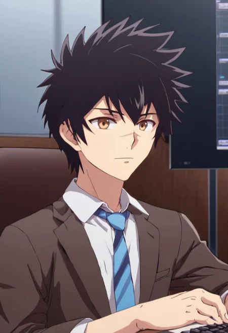 high resolution, solo, best quality, 1Boy, Kanata Hoshijima, Black hair, Brown Eyes, Office, desk, computer, deadlines,