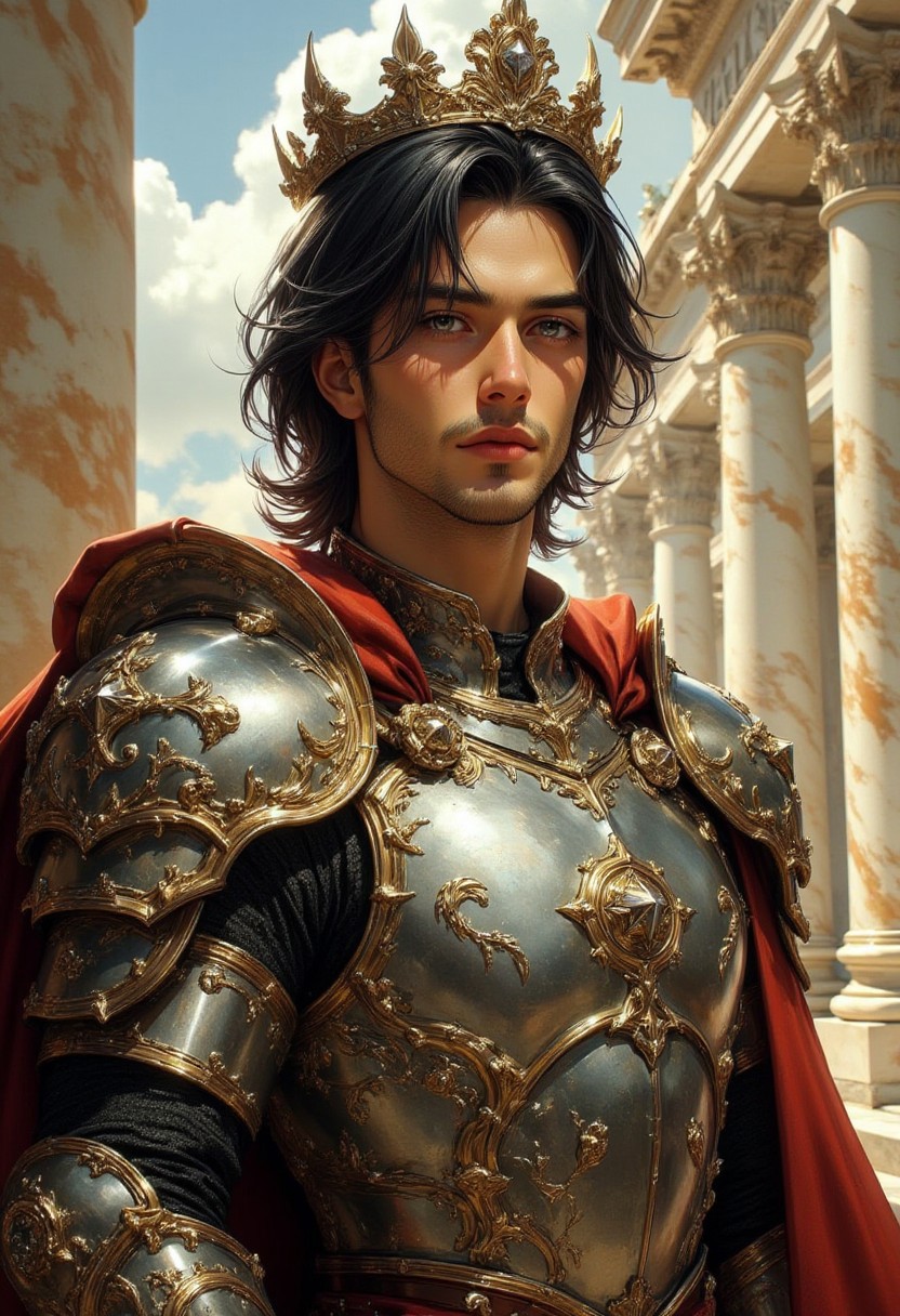 Style of Rembrandt and Heather Theurer, chest-up portrait in a fantasy setting, featuring a handsome and noble man. He radiates strength and wisdom, wearing a finely detailed armor in silver and gold, with intricate patterns inspired by ancient mythology. His dark, shoulder-length hair frames his strong, chiseled features, and a regal crown rests atop his head. The background showcases a majestic marble temple with towering columns and ornate frescoes. Soft, divine light highlights his noble presence, creating an atmosphere of awe and reverence. The artwork features detailed brushwork, vibrant colors, and a blend of realism with mythological elements.