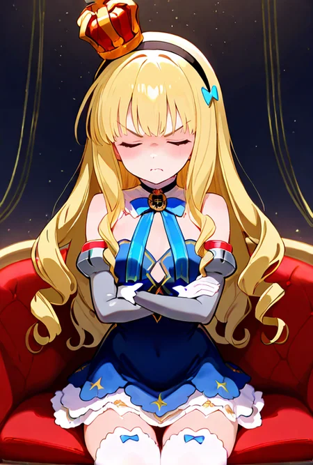 masterpiece, High quality, Ultra detailed, 2d, newest, absurdres, highres, BREAK
1girl, solo, <lora:QNELI_v2_LISETTElora:0.8>, qneli, long hair, blonde hair, mini crown, black hairband, 
small breasts, qnelidef, blue bow, short dress, dress, bare shoulders, detached sleeves, white gloves, white thighhighs, 
crossed_arms, sitting, angry, closed eyes, closed mouth,