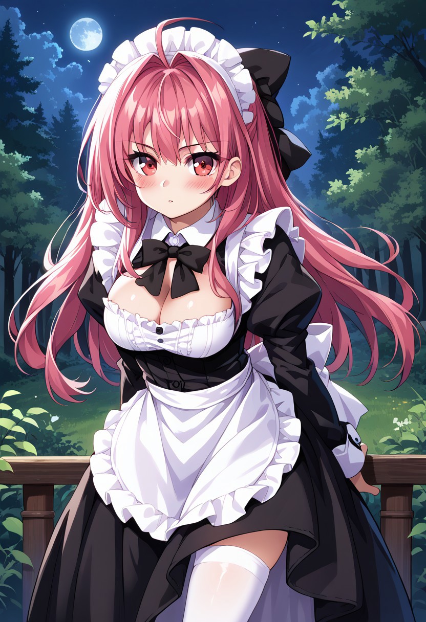 score_9, score_8_up, score_7_up, source_anime, 1girl, solo, <lora:Corti-PDXL sample:0.8>, altcorticarte, breasts, cleavage,  large breasts, pink hair, red eyes, apron, black bow, black long dress, black ribbon, bow, dress, frilled apron, frilled sleeves, frills, juliet sleeves, long sleeves, maid, neck ribbon, puffy sleeves, ribbon, roswaal mansion maid uniform, thighhighs, two-tone dress, waist apron, white bow, low cut white dress, white thighhighs, 
(blush:1.5), 
outdoors, forest, nature, night, moon,
looking at viewer, dutch angle, cowboy shot, leaning forward, behind back, Emphasize the chest