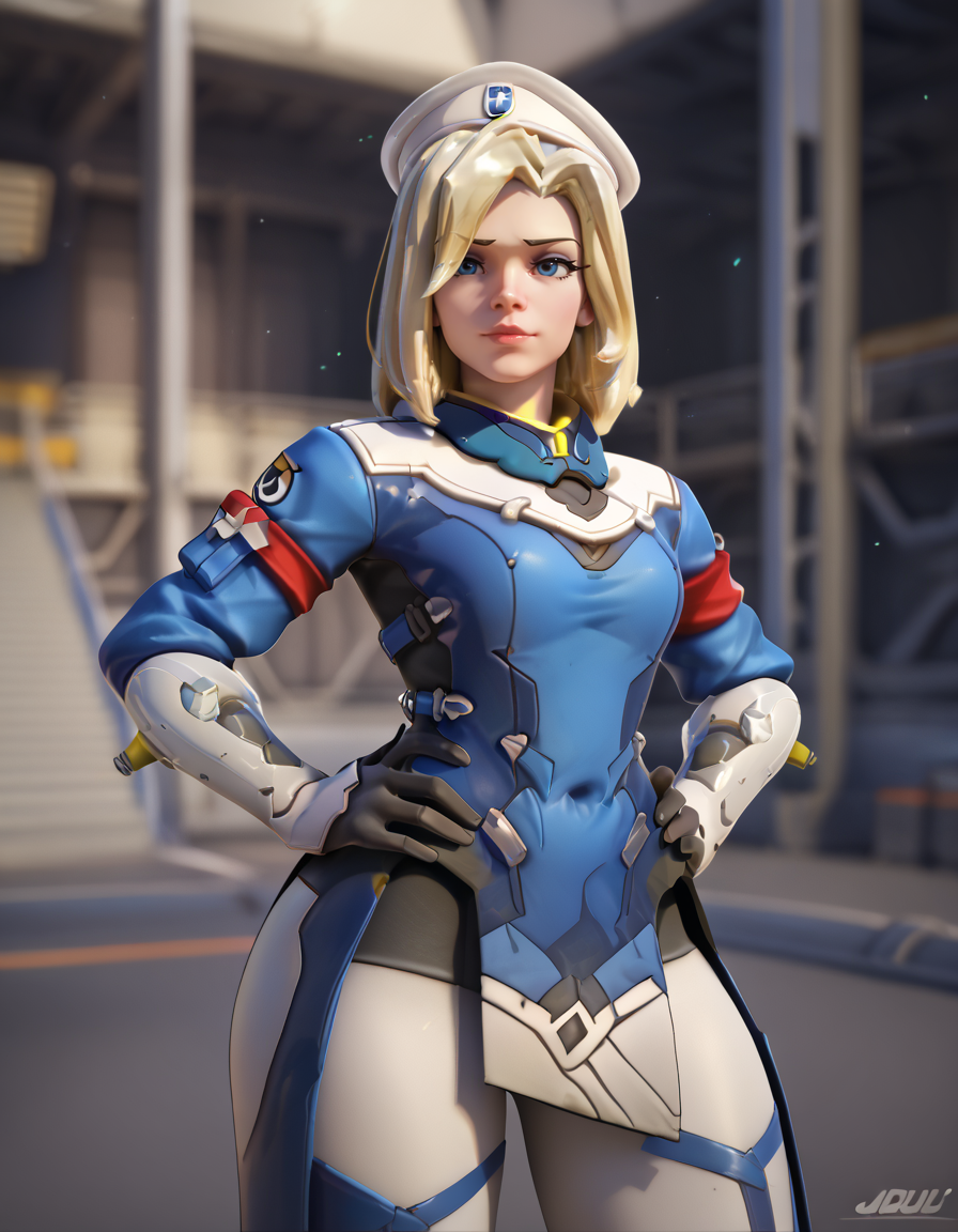 score_9, score_8_up, score_7_up, 1girl, medium shot, ,2.5d, combatmedic,mercy (overwatch), <lora:Combatmedic_mercy_pony-000040:1> Curvaceous Confidence with Hands on Hips and Head Tilted: Stand with your hands on your hips head tilted slightly and exude confidence in your curves creating a pose that celebrates your body and beauty.