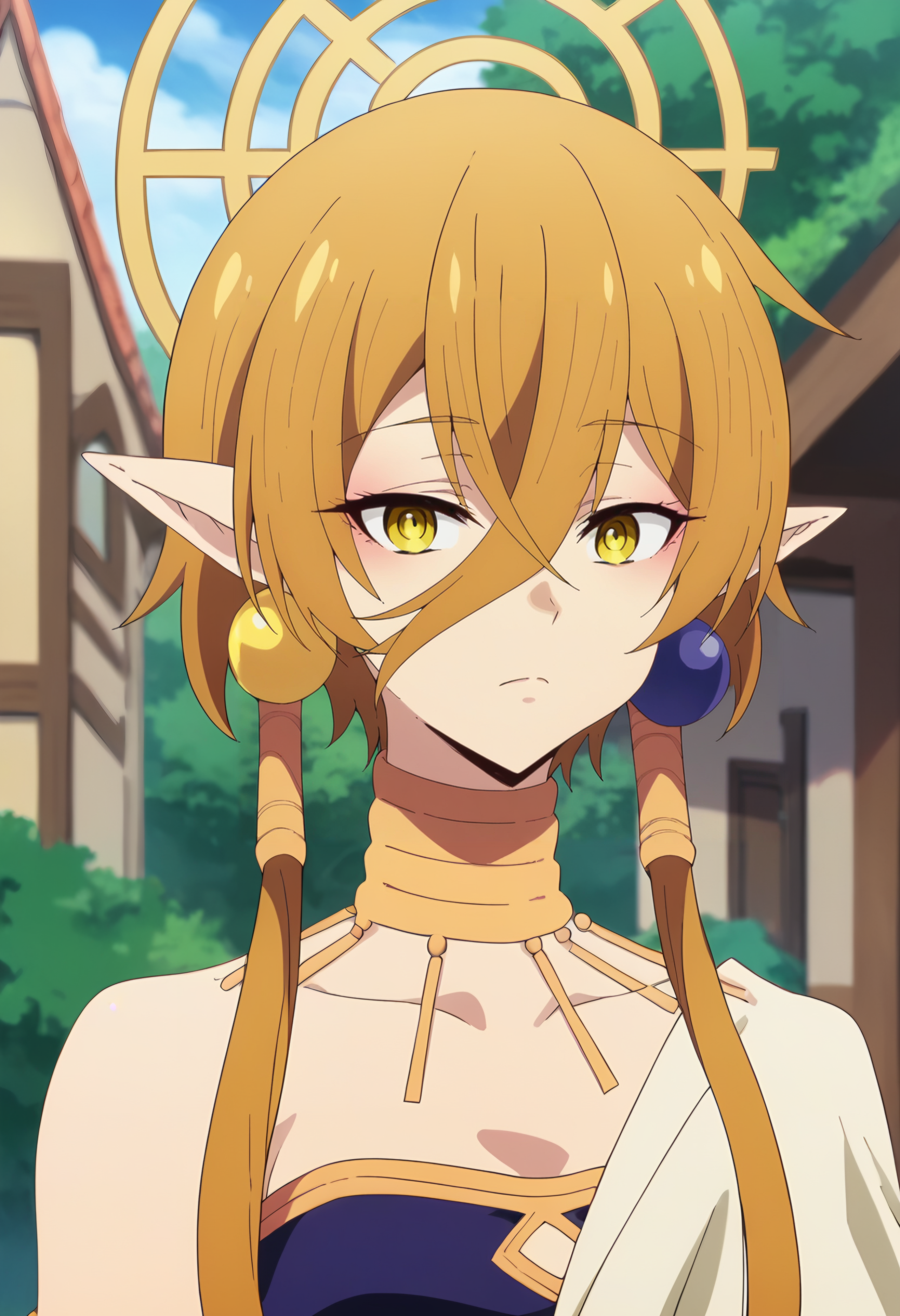 <lora:Hiya1024:1>hiya, pointy ears, 1girl, earrings, jewelry, blonde hair, solo, hair between eyes, short hair, halo, yellow eyes , upper body, looking at viewer, score_9, score_8_up, score_7_up, , anime coloring ,BREAK source_anime, anime