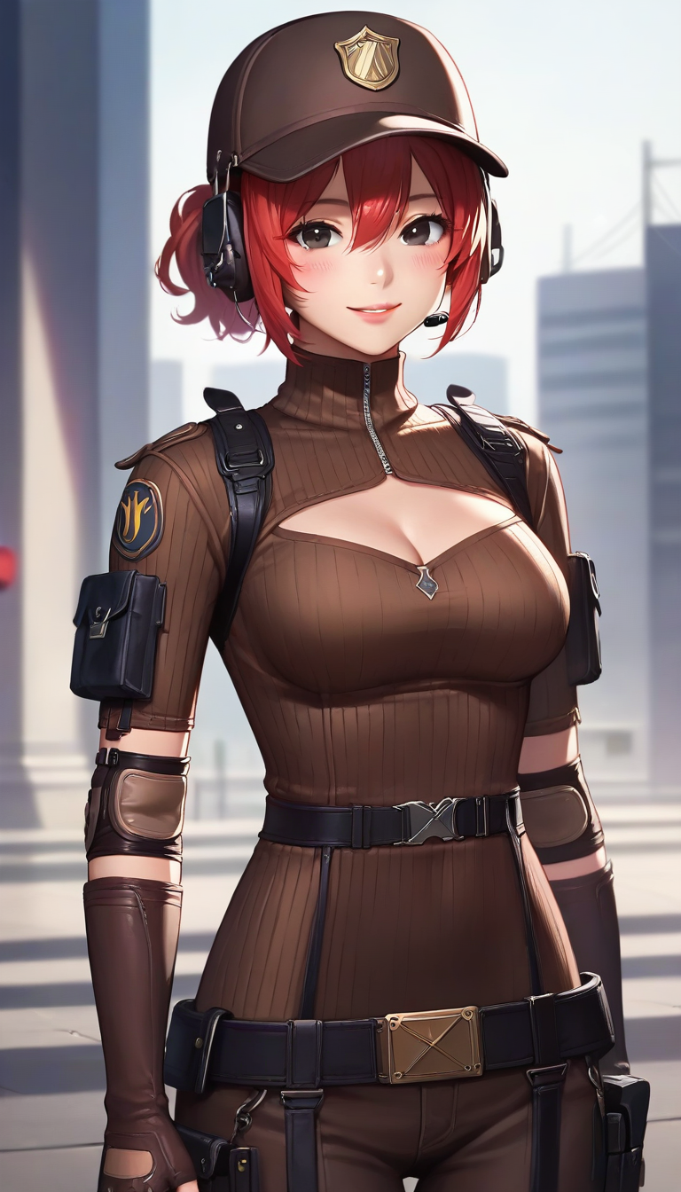score_9,score_8_up,score_7_up,score_6_up BREAK official art,anime coloring,solo,outdoors,upper body,(portrait:1.5),looking at viewer,facing viewer,smile,blush,MaQue,baseball cap,brown cap,headset,red hair,short hair,parted bangs,hair between eyes,black eyes,lips,police uniform,brown bodysuit,cleavage cutout,open-chest sweater,ribbed sweater,brown sweater,brown gloves,elbow gloves,fingerless gloves,elbow pads,medium breasts,belt,brown pants,thigh holster,knee pads,brown footwear,boots,<lora:MaQue(cf)-Pony:1.2>,