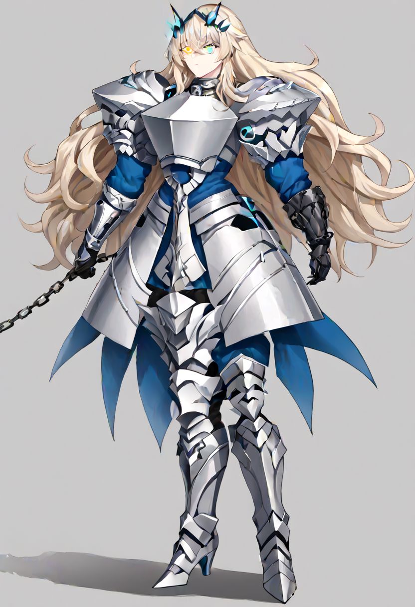 Barghest_Armored, platinum blonde hair, crossed bangs, very long hair, wavy hair, sidelocks, heterochromia, glowing eyes, full armor, glowing armor, armored dress, collar, shoulder armor, chain, pauldrons, gauntlets, breastplate, boobplate, gloves, armored boots, faulds, vambraces, long sleeves, 
masterpiece, best quality, very aesthetic, absurdres, 1milf, 1adult, solo, full_body, tachi-e,