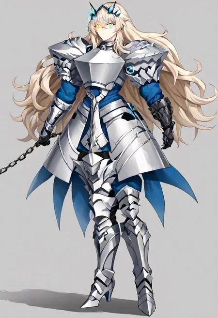 Barghest_Armored, platinum blonde hair, crossed bangs, very long hair, wavy hair, sidelocks, heterochromia, glowing eyes, full armor, glowing armor, armored dress, collar, shoulder armor, chain, pauldrons, gauntlets, breastplate, boobplate, gloves, armored boots, faulds, vambraces, long sleeves,
masterpiece, best quality, very aesthetic, absurdres, 1milf, 1adult, solo, full_body, tachi-e,