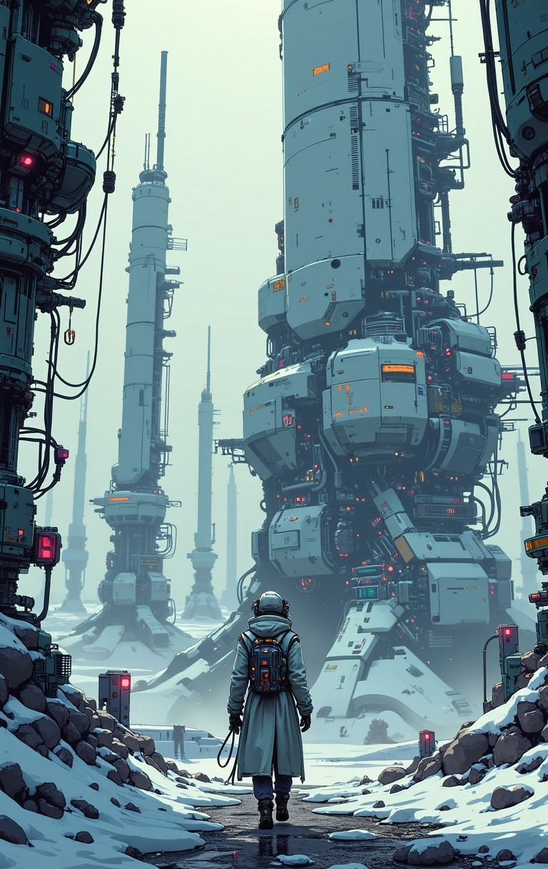 <lora:ck-nc-pastel-cyberpunk:1.1> A digital artwork in the style of cknc, A scientist walks towards the camera as he stands before Artemis Station, looking at the viewer, They wear a long, insulated trench coat made of reflective, metallic fabric that shimmers in the pale sunlight. The coat has a high collar, partially concealing their face, while their head is covered by a hood lined with futuristic gadgets—small sensors and antennas scanning the environment. Their eyes, visible beneath the hood, have a faint glow, suggesting cybernetic enhancements. Visualize Artemis Station as a towering, enigmatic structure rising from a cold, fog-laden world. The massive white spires stretch skyward, their dark metallic surfaces glistening with condensation from the mist. Each tower is adorned with intricate, glowing lines of orange and blue lights, hinting at the advanced technology within. The fog is thick at ground level, muffling sounds and creating an eerie, quiet atmosphere, while faint mechanical hums reverberate through the air. In the distance, other towering monoliths fade into the fog, creating a sense of endlessness. The lighting is soft and diffused, with occasional beams piercing through the fog from docking bays, casting long, dramatic shadows. The camera is set at ground level, looking up at the overwhelming scale of the station, emphasizing its imposing and mysterious nature.