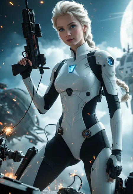 photorealistic, real aesthetic, masterpiece, high quality, 1girl, Elsa, mech woman, wires, sparks, robotic components, assault rifle, action shot, outerspace background, shallow depth of field, detailed background, dynamic angle, volumetric lighting, high resolution score_9, score_8_up, score_7_up, score_6_up,masterpiece,