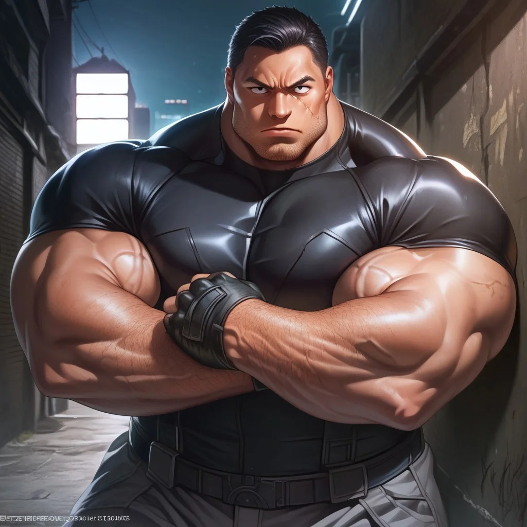 safe_pos, safe_pos, source_anime, detailed background, (score_9, score_8_up, score_7_up), zoroj, masterpiece, best quality, high quality, ultra detailed, highly detailed, high detail, artistic lighting, (highly detailed face, (perfect face, perfect eyes)), depth of field, perfect soft lighting, best shadows, perfect reflections, volumetric, detailed image, high resolution, defined faces, sharp definition,
solo, 1boy, male focus, mature male, short hair, stubble, scar on face, black eyes, black shirt with short sleeves, gray pants, black fingerless gloves, very hairy arms, musclebears, muscular male, bara, veiny muscles, large male,
ruanyi0046, alley, night, dynamic poses, various poses, cowboy shot, standing, looking at viewer,